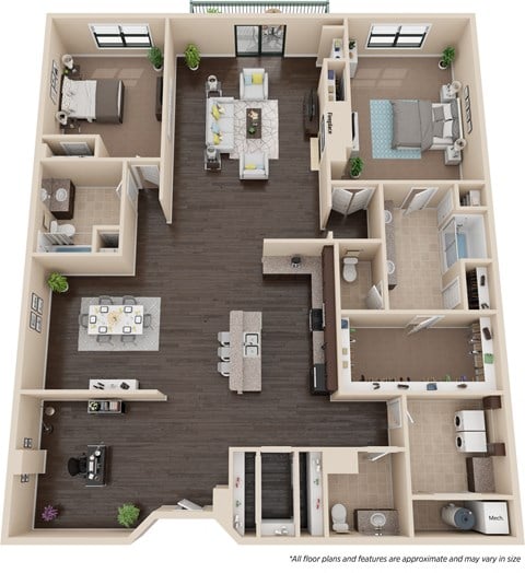 Floor plan for 2 beds, 2.5 baths, 2290 sqft